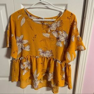 Mustard yellow, white & plum floral flounce top